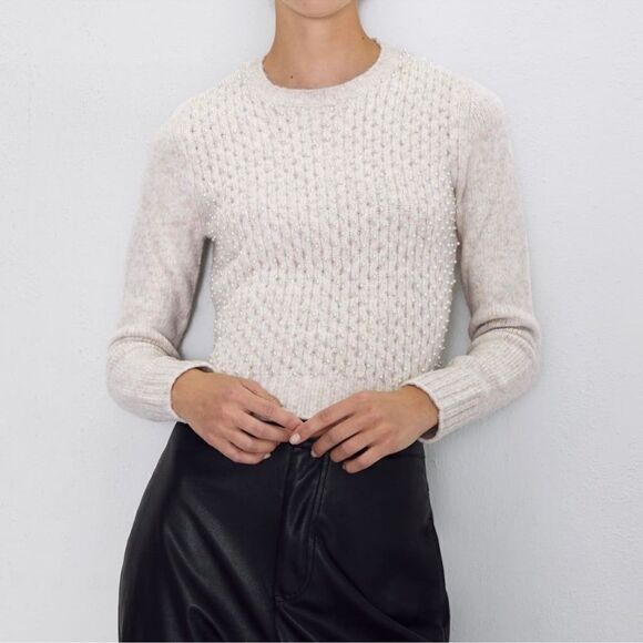 Zara Pearl Embellished Wool Blend Pullover Crop Sweater Beige Large - Picture 2 of 14